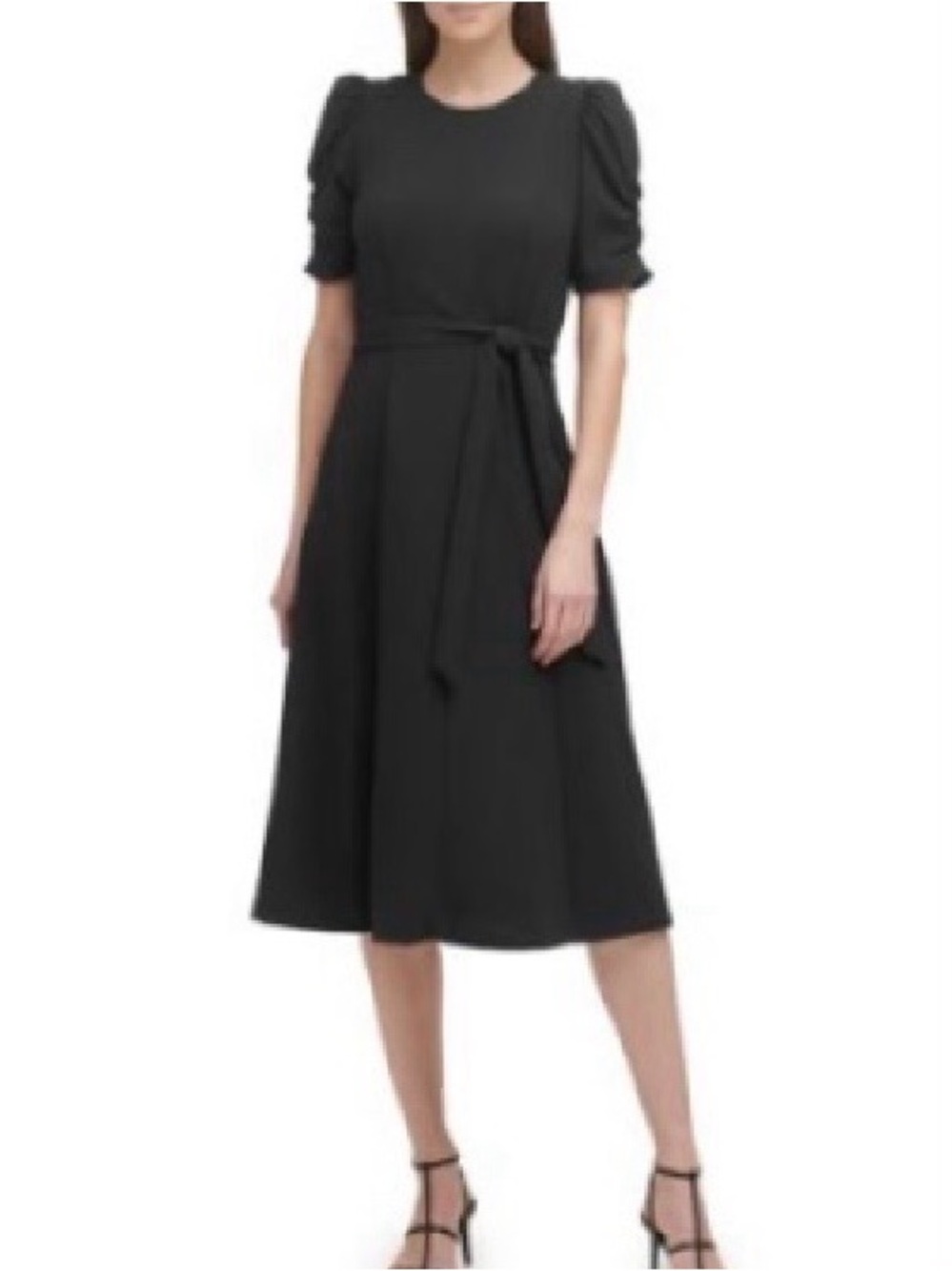 DKNY Women’s Black Puff Sleeve Tie Waist Midi Dress